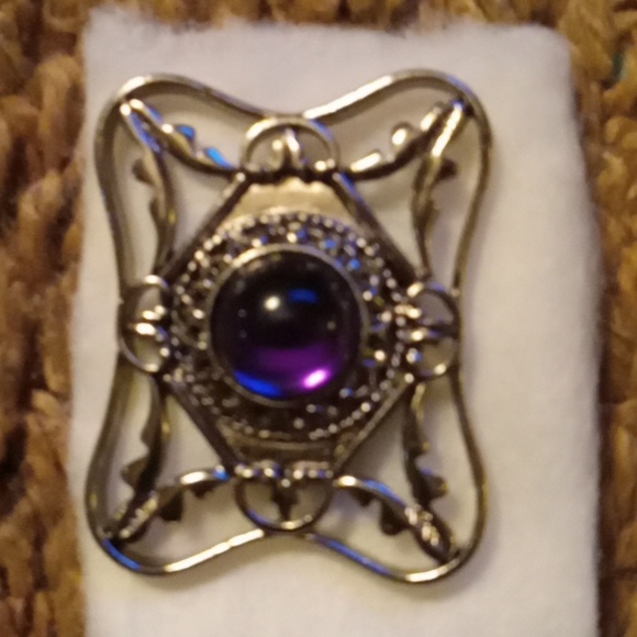 Vintage 1992 n.i.b.Bold and Classic Royal Purple Cabochon Silver-Tone Brooch Pin - Picture 3 of 5